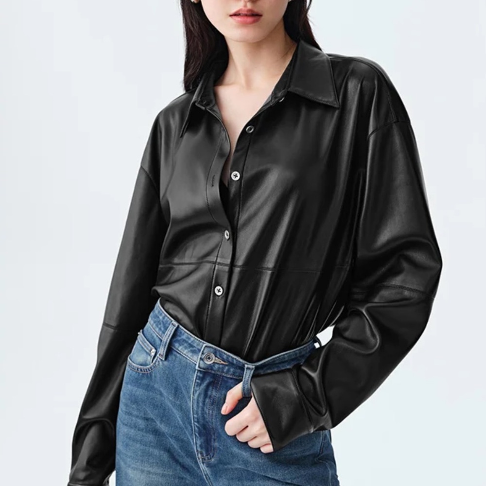 Simple Pieces black Vegan Leather button up shirt jacket S